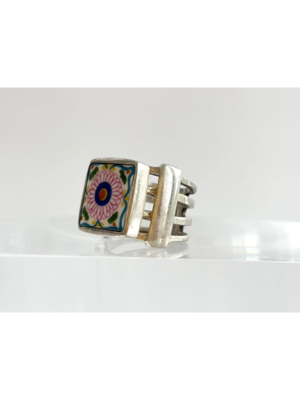 Porcelain Floral Painted Tilework Chunky Sterling Silver 925 Vintage Ring - sz 5 - Picture 9 of 16